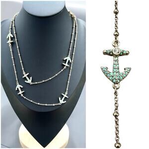 Bella Jack Anchor Station Necklace Blue Rhinestone Nautical Yacht Coastal Chain
